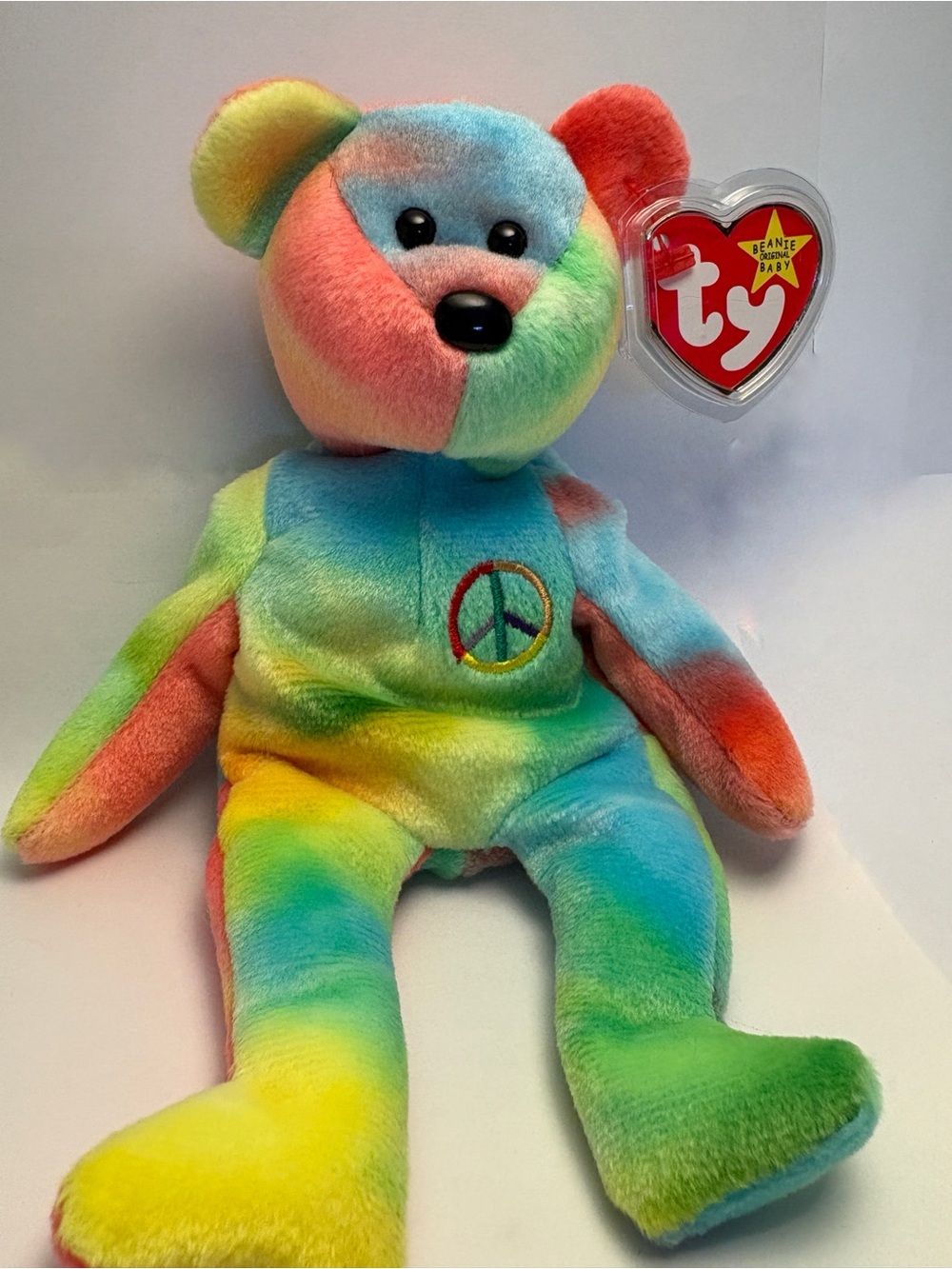 1996 Ty Multicolor Tie-Dye Peace Bear Plush -Vibrant Colours, Mint Condition
